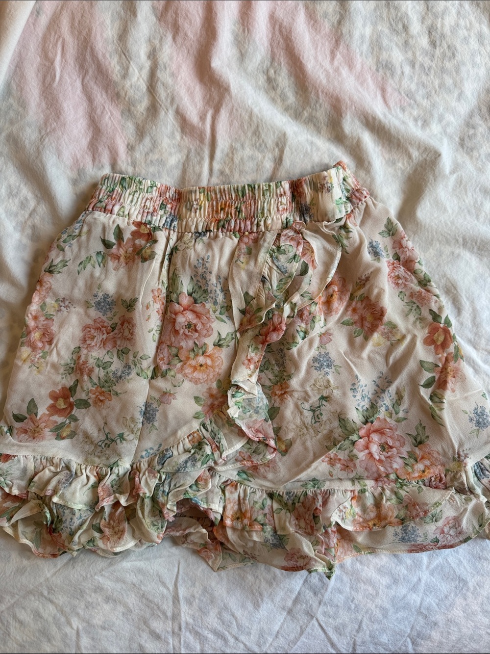 Zara Floral Ruffle Mini Skirt - Pale Pink & Green